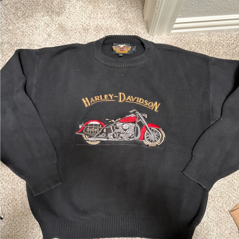 VINTAGE Harley-Davidson Black Crewneck Sweater with Red Motorcycle Embroidery